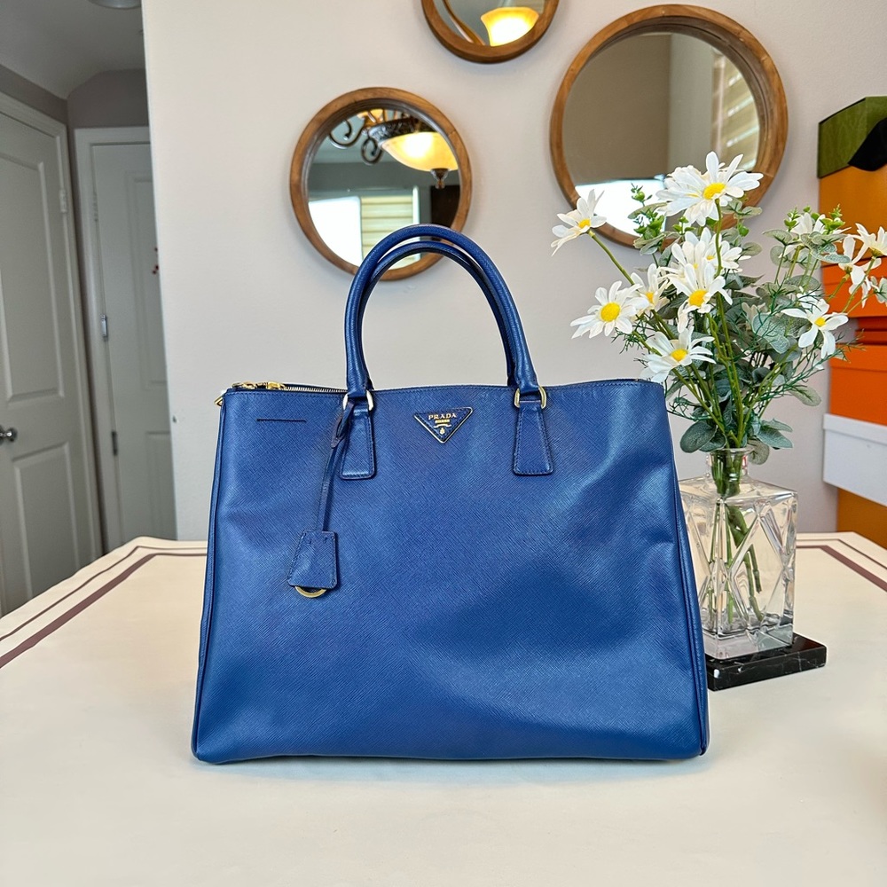 Prada Blue Leather Saffiano Lux Large Tote Satchel